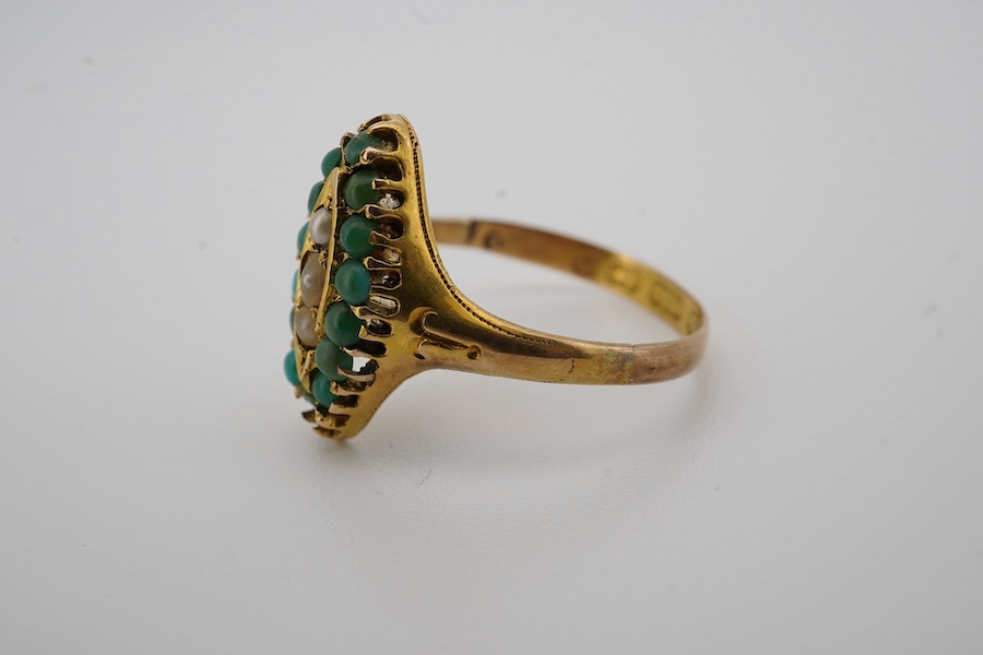 A Victorian 15ct gold, turquoise and seed pearl set marquise shaped ring, size N, together with an 18ct and diamond cluster set flower head ring, with 'coloured' petals, size O, gross weight 6.1 grams. Condition - fair